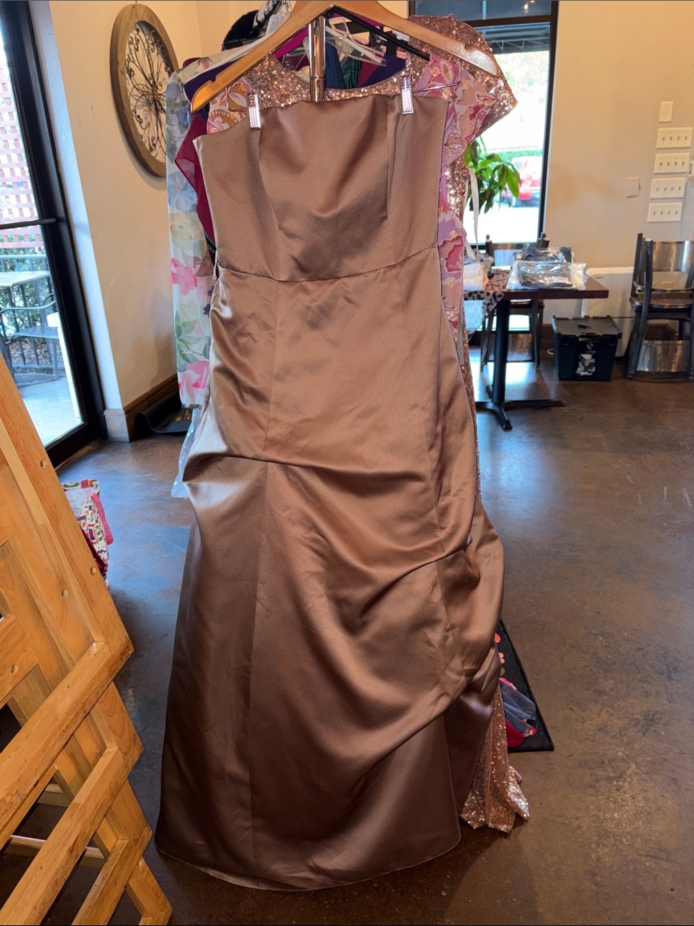 David's Bridal Strapless Satin Gown in Tan
